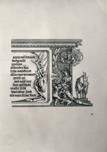 Triumfbuen for kejser Maximilian I af Tyskland 1459-1519: detalje af et hjorteskind med en inskription, der hylder kejsernes familieforbindelser, med en ged med floppy-ører, symbol på skarpheden af ​​hea af Albrecht Dürer