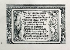 Kejser Maximilian I af Tysklands triumfbue 1459-1519: detalje af dekorativt skema, der viser et løveskind med en inskription, der hylder kejsernes familieforbindelser, pub. 151718 træsnit af Albrecht Dürer