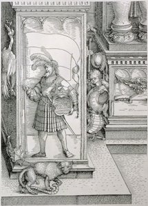 Kejser Maximilian I af Tysklands triumfbue 1459-1519: detalje af portalsøjlebasen med et udskåret relief af en mandsfigur, der bærer en standard og et kronet våbenskjold, pub. 151718 træc af Albrecht Dürer