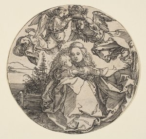 Jomfruen og barnet kronet af to engle over et landskab, der er trimmet ud, ca. 1504. af Albrecht Dürer