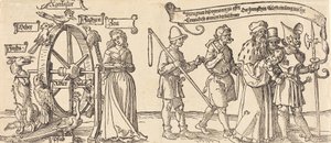 Tid og en ræv, der drejer lykkens hjul med folk i alle rækker til højre, sandsynligvis 1526. af Albrecht Dürer