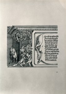 Triumfbue for kejser Maximilian I af Tyskland 1459-1519: detalje af et hjorteskind med en inskription, der hylder kejsernes familieforbindelser, med en ged med disketter, symbol på akut hørelse af Albrecht Dürer