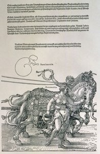 Triumfvogn af kejser Maximilian I af Tyskland (1459-1519): detaljer om hesteholdene, styret af to dyder, Providence and Moderation, pub. ca. 1518 (træsnit) af Albrecht Dürer