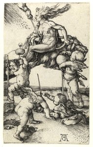 Heks rider baglæns på en ged, ca. 1505 af Albrecht Dürer