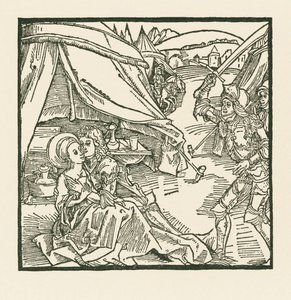 En ridder fra den israelitiske hær dræber en anden ridder, som han finder sammen med en hedensk elskerinde. af Albrecht Dürer or Duerer