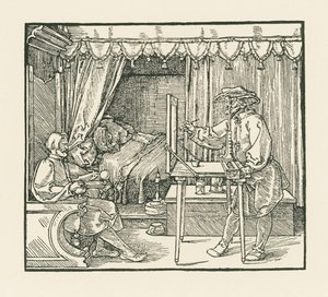 En kunstner tegner en siddende mand på et glasplan gennem en sigteskive af Albrecht Dürer or Duerer