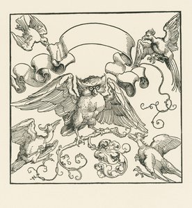 En ugle angrebet af fire andre fugle, ca. 1515 (træsnit) af Albrecht Dürer or Duerer