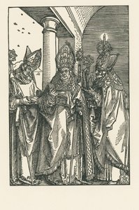 Biskop Sankt Nicolaus, helgenerne Ulrich og Erasmus, ca. 1505 (træsnit) af Albrecht Dürer or Duerer