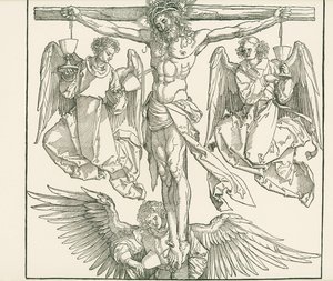 Kristus på korset med tre engle, ca. 1513 (træsnit) af Albrecht Dürer or Duerer