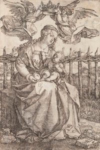 Jomfru Maria kronet af to engle - Kobberstik af Albrecht Durer (1471-1528) af Albrecht Dürer