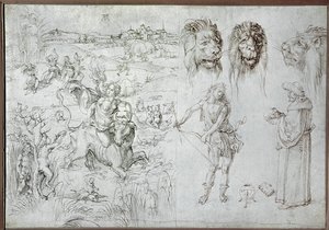 Voldtægt af Europa, løvehoveder, bueskytte, vismand, kranium (tegning) af Albrecht Dürer or Duerer