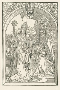 Roswitha præsenterer sine værker for kejser Otto I i overværelse af sin niece Gerba, abbedissen af Gandersheim. af Albrecht Dürer or Duerer