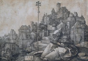 Sankt Antonius sidder foran en by - Kobberstik af Albrecht Durer (1471-1528) af Albrecht Dürer