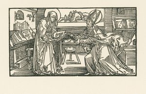 Den hellige Birgitta i sit kammer, hvor hun overrækker sit værk til en biskop af Albrecht Dürer or Duerer