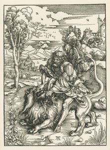 Samson dræber løven, ca. 1497-98 (træsnit) af Albrecht Dürer or Duerer