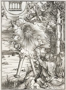Scene fra Apokalypsen, St. John fortærer bogen, latinsk udgave af Albrecht Dürer