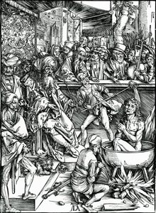 Evangelisten Johannes bliver tortureret i et kar med kogende olie, fra 