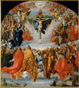 Treenighedens tilbedelse med Dürers selvportræt nederst til højre (olie på poppeltræ) af Albrecht Dürer or Duerer