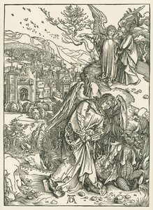 Englen med nøglen, der kaster dragen ned i afgrunden, og en anden engel, der viser Sankt Johannes det nye Jerusalem, ca. 1497-98 (træsnit) af Albrecht Dürer or Duerer