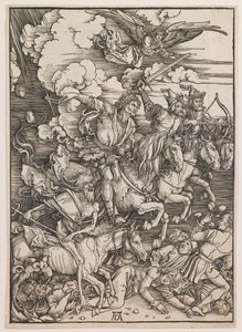 Apokalypsens fire ryttere, fra "The Apocalypse", ca. 1497-98 (træsnit) af Albrecht Dürer or Duerer