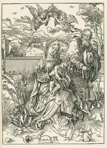 Den hellige familie med tre harer, ca. 1497 (træsnit) af Albrecht Dürer or Duerer