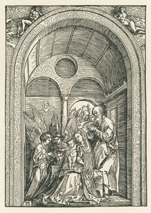Den hellige familie med to engle i en søjlegang, ca. 1503-04 (træsnit) af Albrecht Dürer or Duerer