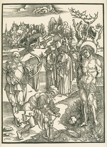 Sankt Sebastians martyrium, ca. 1500 (træsnit) af Albrecht Dürer or Duerer