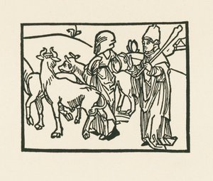Præsten i sine klæder driver kvæg ud, og foran ham går tjenestepigen, ca. 1489-90 (træsnit) af Albrecht Dürer or Duerer