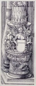 Kejser Maximilian I af Tysklands triumfbue (1459-1519): detalje af den centrale æres- og magtporte, venstre søjlebase udsmykket med bånd af løv og vingede kvindelige griffiner, dateret 1515, pub. 1517/18 (træsnit) af Albrecht Dürer