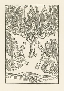 De syv engle med et kors og de seks nøgler, hvormed de åbnede himlen for de seks barmhjertighedsgerninger, modtager en sjæl i himlen. af Albrecht Dürer or Duerer
