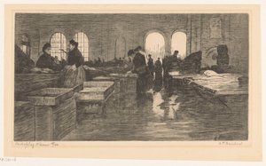 Interiør af Vismarkt på Nieuwmarkt i Amsterdam Amsterdam fiskeauktion (original titel på objektet) af Albrecht Felix Reicher (signed by artist)
