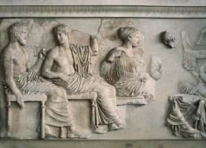 Poseidon, Apollo, Artemis og Afrodite repræsenteret på Parthenons østfrise af Alcamenes (attr. to)