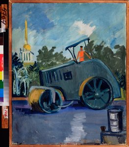 Asfaltbelægning. (En maskine lægger asfalt i en gade). Maleri af Alexander Isaakovich Rusakov (1898-1952), olie på lærred af Aleksandr Isaakovich Rusakov