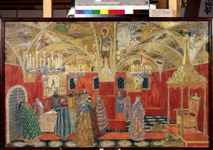 I Kreml. Forberedende tegning til operaen Boris Godunov af Modeste Mussorgsky (1839-1881) (I Kreml. Scenografi til operaen Boris Godunov af M. Mussorgsky). Værk af Alexander Yakovlevich Golovin (Alexander Golovin) (1863-1930), akvarel og af Aleksandr Jakovlevic Golovin