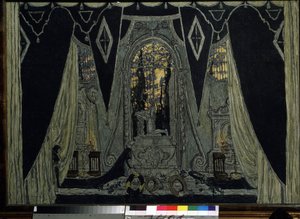 Udsmykning til operaen ""Le guest de pierre"" af Alexandre Dargomyjski (1813-1869) (Scenedesign til operaen Stengæsten af ​​A. Dargomyzhsky). Værk af Alexander Yakovlevich Golovin (Alexander Golovin) (1863-1930), olie på træ