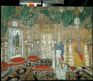 Forberedende indretning til teaterstykket Figaros bryllup af Pierre Augustin Caron de Beaumarchais (1732-1799) (Scenedesign til teaterstykket Figaros bryllup af P. de Beaumarchais). Maleri af Alexander Yakovlevich Golovin (Alexander Gol af Aleksandr Jakovlevic Golovin