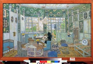 Forberedende indretning til skuespillet le petit Eyolf af Henrik (Henri) Johan Ibsen (1828-1906) (Scenedesign til Teaterstykket Lille Eyolf af H.Ibsen). Værk af Alexander Yakovlevich Golovin (Alexander Golovin) (1863-1930), akvarel på pap af Aleksandr Jakovlevic Golovin