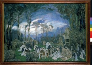 Forberedende indretning til operaen Orpheo et Eurydice, af Christoph Willibald Gluck (1714-1787) (Scenedesign til operaen Orpheo og Euridice af Ch. Gluck). Værk af Alexander Yakovlevich Golovin (Alexandre Golovine) (1863-1930), gouache og pastel på lærred af Aleksandr Jakovlevic Golovin