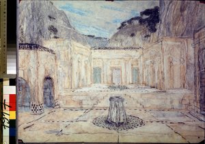 Scenografi til tragedien Antigone efter Sofokles (496 f.Kr.-406 f.Kr.) (Scenedesign til tragedien Antigone efter Sofokles). En offentlig plads omgivet af antikke bygninger, beliggende i et bjerglandskab. Alexanders arbejde