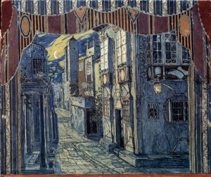 Scenedesign til operaen Barberen fra Sevilla af Gioachino (Gioacchino) Rossini (1792-1868) (Scenedesign til operaen Barberen fra Sevilla af G.Rossini). Bylandskab oplyst af en halvmåne, spanske facader og brostensbelagte gader. Arbejde af af Aleksandr Jakovlevic Golovin