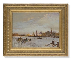Udsigt over det frosne Neva, Rostral-søjlerne, St. Isaac