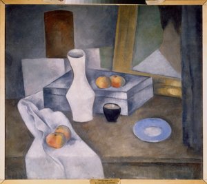 Stilleben med æbler og blå underkop (Stilleben med æbler og blå underkop) - Værk af Alexander Vasilyevich Shevchenko (Alexandre Chevtchenko) (1883-1948), olie på pap, ca. 1910 - Russisk kunst, 20. århundrede, avantgarde - Statsrussisk Museum, S