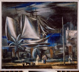 Port marin, la nuit (Et højt skib fortøjer ved Sortehavet) - Havn om natten - Maleri af Alexander Vasilyevich Shevchenko (Alexander Shevchenko) (1883-1948), olie på lærred