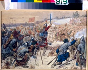 Erobringen af ​​Sibirien af ​​Yermak Timofeyevitch (cirka 1540-1585) (The Conquest of SIbiria by Yermak). Mellem 1575 og 1583 førte Yermak en troppe kosakker for at udforske og erobre Sibirien. Værk af Alexei Danilovich Kivshenko (1851-18