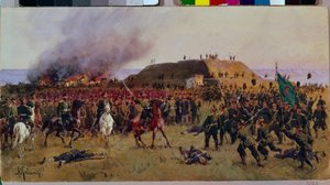 Erobringen af ​​fæstningen Gorni Dubnik (Gorni-Dubnik) den 24. oktober 1877. Russisk-tyrkisk krig: kampscene mellem den russiske hærs kosakker og soldaterne fra Det Osmanniske Rige, militær episode til kontrol af passage af the Shipka (Bulgarien).