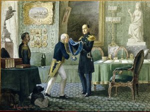Kejser Nicholas I af Rusland (1796-1855) overrækker det blå bånd af Sankt Andres orden til grev Mikhail Speranski (1772-1839). (Kejser Nicholas I tildeler det blå bånd af St. Andrews orden til grev Michail Speransky). Værk af Alexei Danilovich