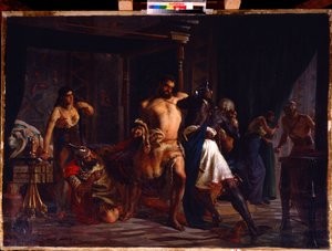 Samson og Delila (Samson og Delila). Den bibelske helt overfaldet på sit værelse af filistersoldaterne, som forsøger at binde ham med snoren af ​​hans hår, hvoraf en del ligger på jorden med en saks, bag Samson, holder Delila i sit hår.