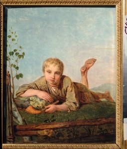 Hyrdedreng med pibe - Maleri af Alexei Gavrilovich Venetsianov (1780-1847), olie på lærred, ca. 1820, russisk kunst af Aleksei Gavrilovich Venetsianov