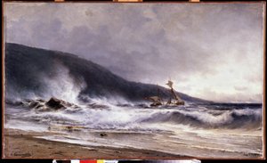 Ecume a Cap Martin (Frankrig) (Surf på Cap Martin). Maleri af Alexei Petrovich Bogolyubov (Bogoliubov eller Bogolioubov) (1824-1896). Olie på lærred af Aleksei Petrovich Bogolyubov