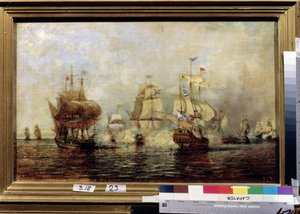 Store Nordlige Krig (1700-1721): det første russiske svenske søslag på Oseløerne den 4. juni 1719. (Første russiske svenske søslag ved Osel Island). Maleri af Alexei Petrovich Bogolyubov (Bogoliubov eller Bogolioubov) (1824-1896). olie på dig